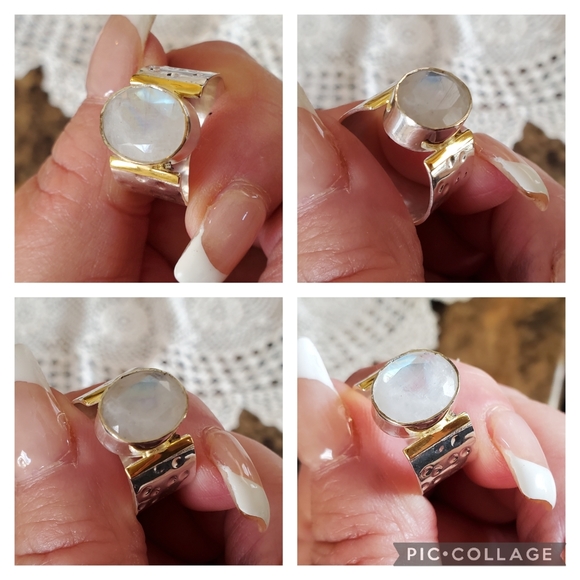 Genuine 7ct Faceted Rainbow Moonstone Ring Size 8 - Picture 5 of 8